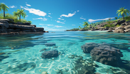 Idyllic tropical coastline, turquoise water, palm trees, and sunset generated by AI