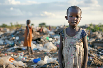 African children stands among plastic waste in a landfill
