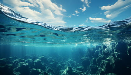Fototapeta na wymiar Underwater blue nature, fish swimming deep in transparent water generated by AI