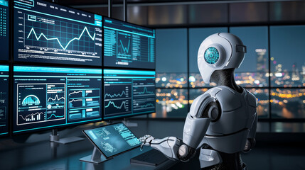 A sleek, futuristic trading room with an AI assistant analyzing data on multiple screens