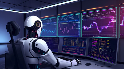 A sleek, futuristic trading room with an AI assistant analyzing data on multiple screens - obrazy, fototapety, plakaty