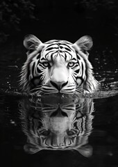 Luminous Monochrome: A Tiger Rests in Water, Bathed in Timeless Black and White Reflections