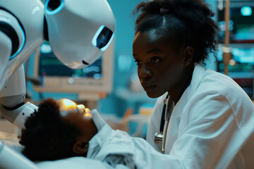 A Black female doctor and a humanoid AI surgeon with advanced robotic arms, carefully operating on a young patient's heart.
