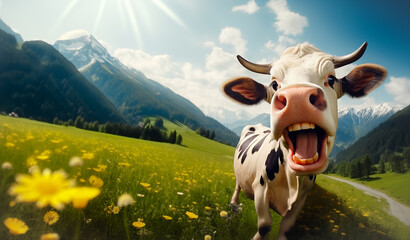 Funny cow in green field. Black and white Holstein cow background for dairy products, farming. Wide panorama banner with copy space for text by Vita - obrazy, fototapety, plakaty