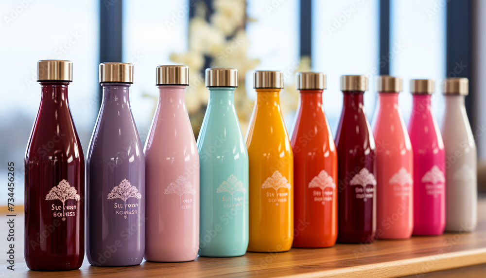 Canvas Prints A vibrant collection of colorful bottles on a wooden table generated by AI