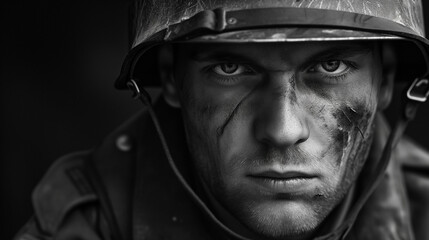 portrait of German soldier on world war 2 battlefield - historical combat photography