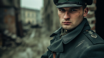portrait of German soldier on world war 2 battlefield - historical combat photography - obrazy, fototapety, plakaty
