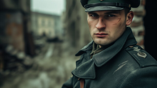 portrait of German soldier on world war 2 battlefield - historical combat photography