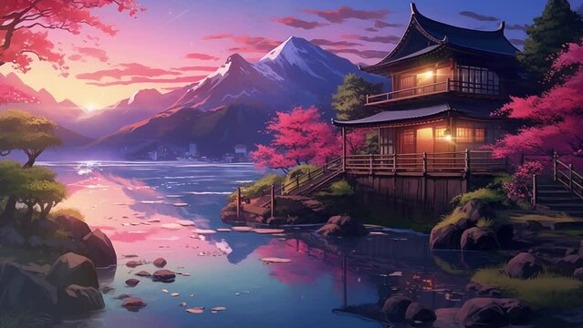 Animated illustration of an Asian style house building with a flowing river. 4k loop animation with anime cartoon or digital painting style. Background animation.