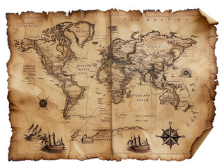 An aged parchment, edges worn and corners curled, bearing a map in vintage design with transparent background