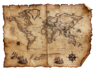 An aged parchment, edges worn and corners curled, bearing a map in vintage design with transparent background