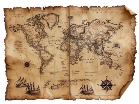 An aged parchment, edges worn and corners curled, bearing a map in vintage design with transparent background