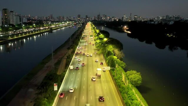Traffic Road At Marginal Pinheiros Sao Paulo Brazil. Highway Vehicles. Night Building Downtown Cityscape. Night Outdoor Downtown Illuminated Famous. Night Cityscape Building Cities Of The World.