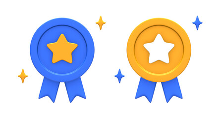 3D rendering of blue yellow champion winner star badge for UI UX web mobile apps social media ads design