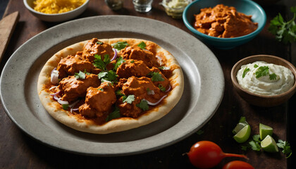 A modern twist on traditional butter chicken by capturing a fusion dish like butter chicken pizza or butter chicken tacos and showcase the innovative combination of flavors and textures that redefine 