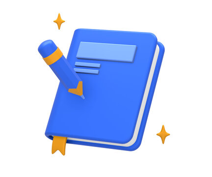 3D rendering of blue yellow education or academic book with pencil for college student for UI UX web mobile apps social media ads design