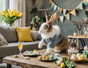 Rabbit in costume with colorful eggs on table in cozy room