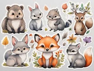 Cute cartoon stickers of animals in the forest, watercolor, on a gray background with borders.