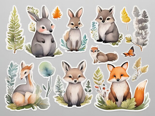 cute cartoon stickers On a gray background with a watercolor border, animals in the forest.