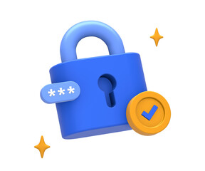 3D rendering of blue yellow private security password with padlock side for UI UX web mobile apps social media ads design
