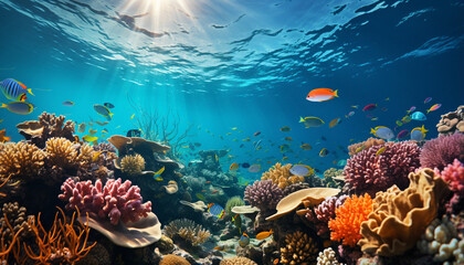 Fototapeta na wymiar Underwater reef, fish, nature, coral, tropical climate, water, multi colored generated by AI