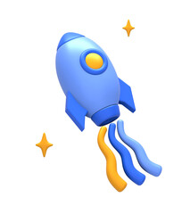 3D rendering of blue yellow spaceship or spacecraft rocket side for UI UX web mobile apps social media ads design