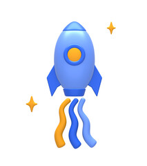 3D rendering of blue yellow spaceship or spacecraft rocket for UI UX web mobile apps social media ads design