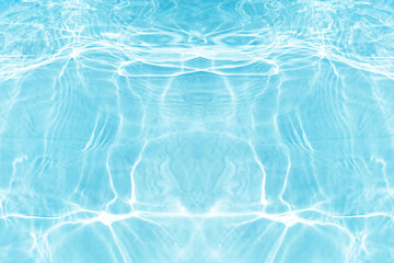 Fototapeta premium Water surface. Bluewater waves on the surface ripples blurred. Defocus blurred transparent blue colored clear calm water surface texture with splash and bubbles. Water waves with shining pattern.
