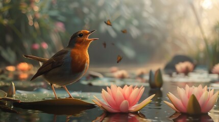 A robin sings happily in an English garden. Beautiful lighting with beautiful water lilies.