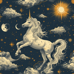 Obraz na płótnie Canvas unicorn in the starry sky seamless tile, ai generated