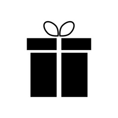 A monochromatic silhouette of a rectangular gift box adorned with a bow