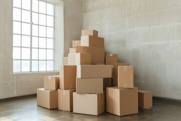 Neatly Stacked Cardboard Boxes in Bright Room