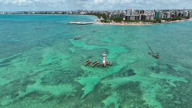 Ponta Verde Lighthouse At Maceio Alagoas Brazil. Maritime Sea Shore. Shore Clouds Sky Beach Sea. Shore Outdoor Beach City Panorama Landscape. Shore Sea Ocean Bay Water. Maceio Alagoas.