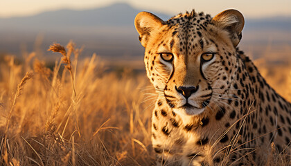 Majestic cheetah in African wilderness, looking at camera with alertness generated by AI