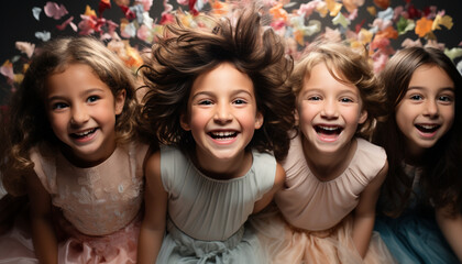 Smiling girls, cute boys, cheerful laughter, childhood joy, happiness celebration generated by AI - obrazy, fototapety, plakaty