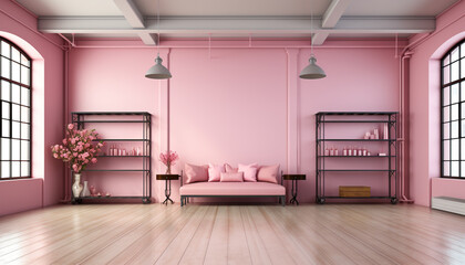 Modern, elegant living room with bright pink sofa and clean parquet flooring generated by AI