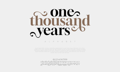 Onethousandyears premium luxury elegant alphabet letters and numbers. Elegant wedding typography classic serif font decorative vintage retro. Creative vector illustration