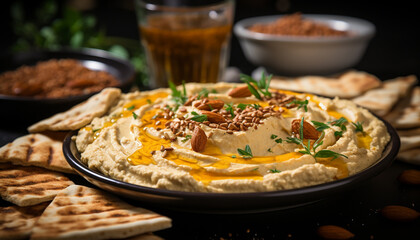 Freshness and spice on a wooden plate, homemade hummus generated by AI