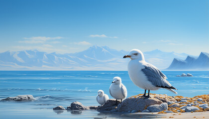 Seagull flying over blue water, coastline, and majestic mountains generated by AI