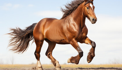 Running stallion in meadow, mane flowing, embodying freedom and beauty generated by AI
