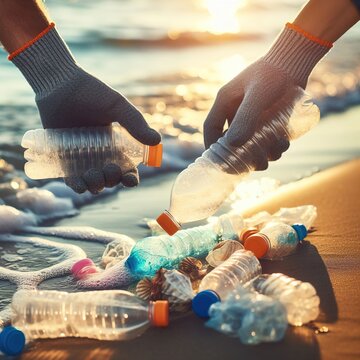recycle hands collecting plastic bottles from the beach sustainabilyty - ai generated