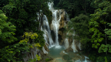 Fototapeta na wymiar Drone Shot Of The Amazing Kuang Si Waterfalls In Luang Probang Laos