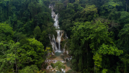 Fototapeta na wymiar Drone Shot Of The Amazing Kuang Si Waterfalls In Luang Probang Laos