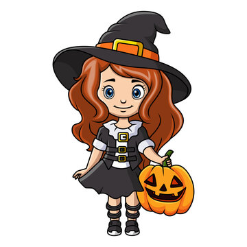 Cute little witch girl cartoon with a pumpkin 