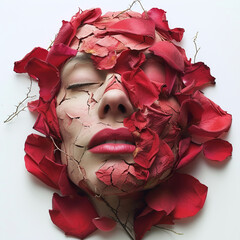 The woman's face is covered with red rose petals