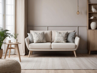 Beige scandinavian settee with patterned pillows in stylish living room interior