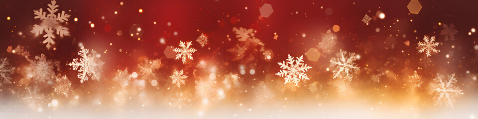 Winter card with falling snow, crystallic white snowflake on red background. Magical heavy snowflakes backdrop. Sky snowfall banner. Holiday winter background for Christmas and New Year