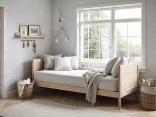 Explore the charm of a Scandinavian inspired daybed setup by the window, combining minimalist design and natural light.