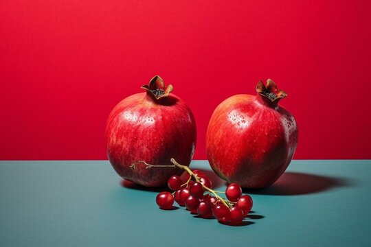 Two red fruits on a vibrant backdrop. Generative AI
