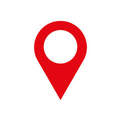 A red map pin with a circle in the middle on a white background